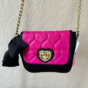 Betsey Johnson Hot Pink Quilted Heart Flap Mini Bag with Black Trim